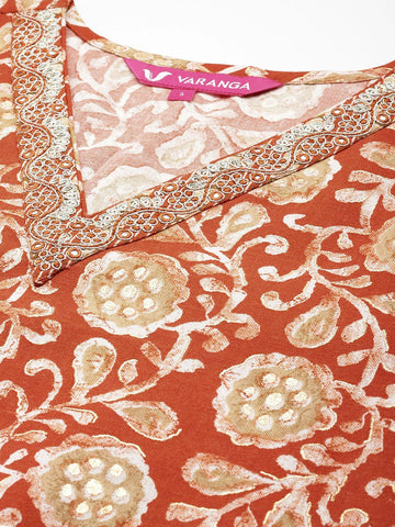 Varanga Women Rust Floral Printed Kurta Paired With Bottom & Dupatta