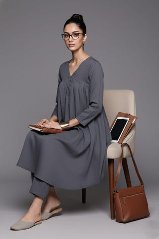 Varanga Women Grey Empire Gathered Details A-Line Kurta Paired With Tonal Bottom