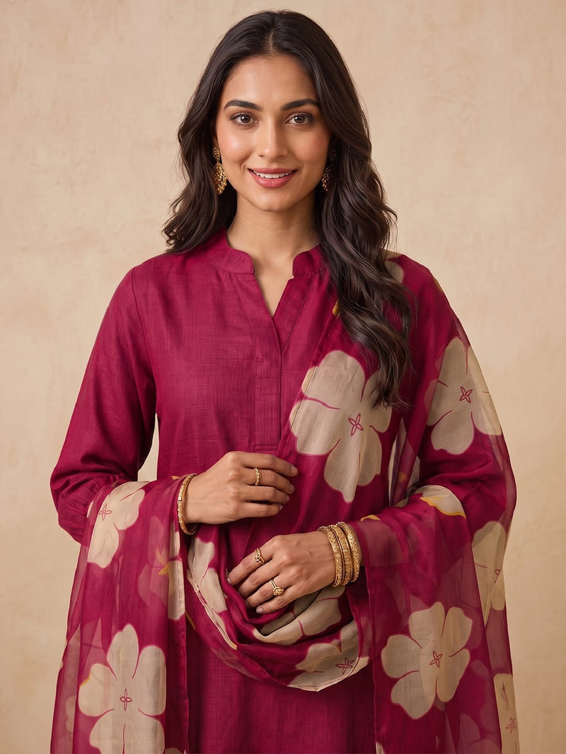 Women's Pink Solid Kurta Set With Floral Printed Dupatta