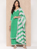 Varanga Women Green Bandhani Printed Neck Embroidered Straight Kurta With Bottom And Dupatta