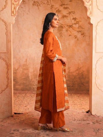 Women Rust Embroidered Kurta Set With Striped Dupatta