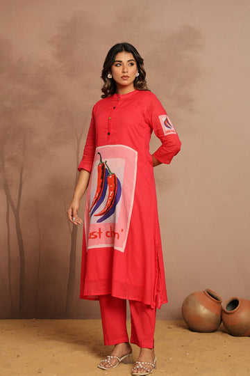 Abstract Crimson0 Front-Graphic Button-Down Kurta Set