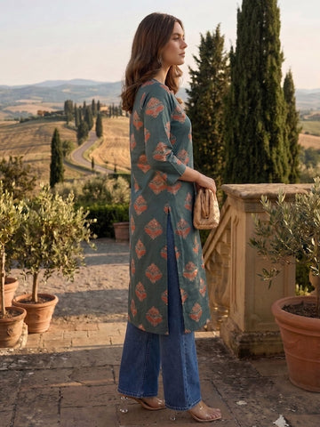 Women Teal Ethnic Motif Printed Straight Kurta