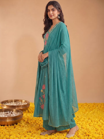 Women'S Mul Chanderi Kurta Set With Chiffon Dupatta