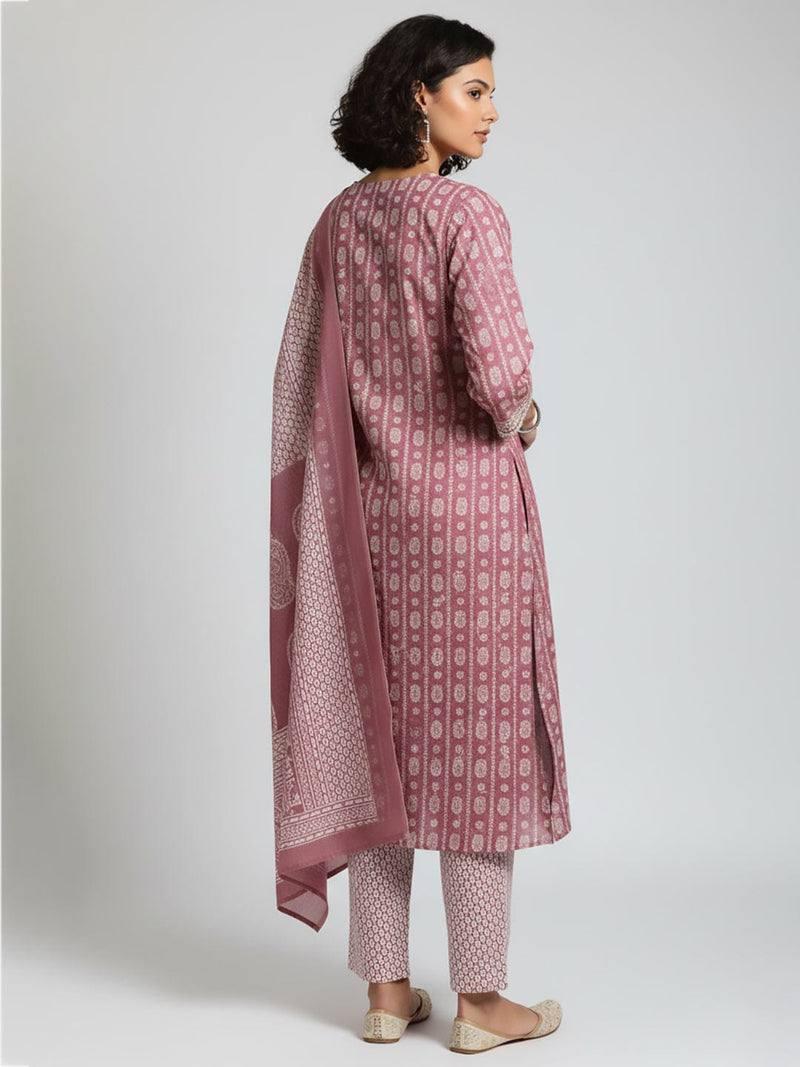 Varanga Women Floral Printed V Neck Kurta with Trouser & Dupatta
