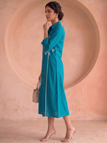 Blue Lace Detailed Shirt Dress