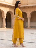Women's Mustard Yellow Embroidered Kurta Set With Floral Printed Dupatta