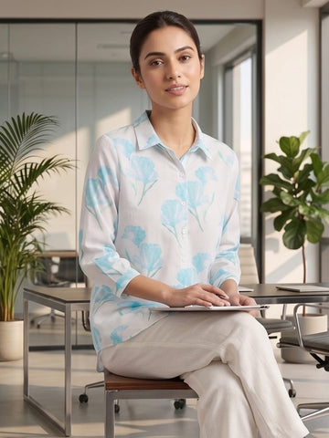 White-Blue Coloured Slim Collar Long Sleeves Floral Shirt