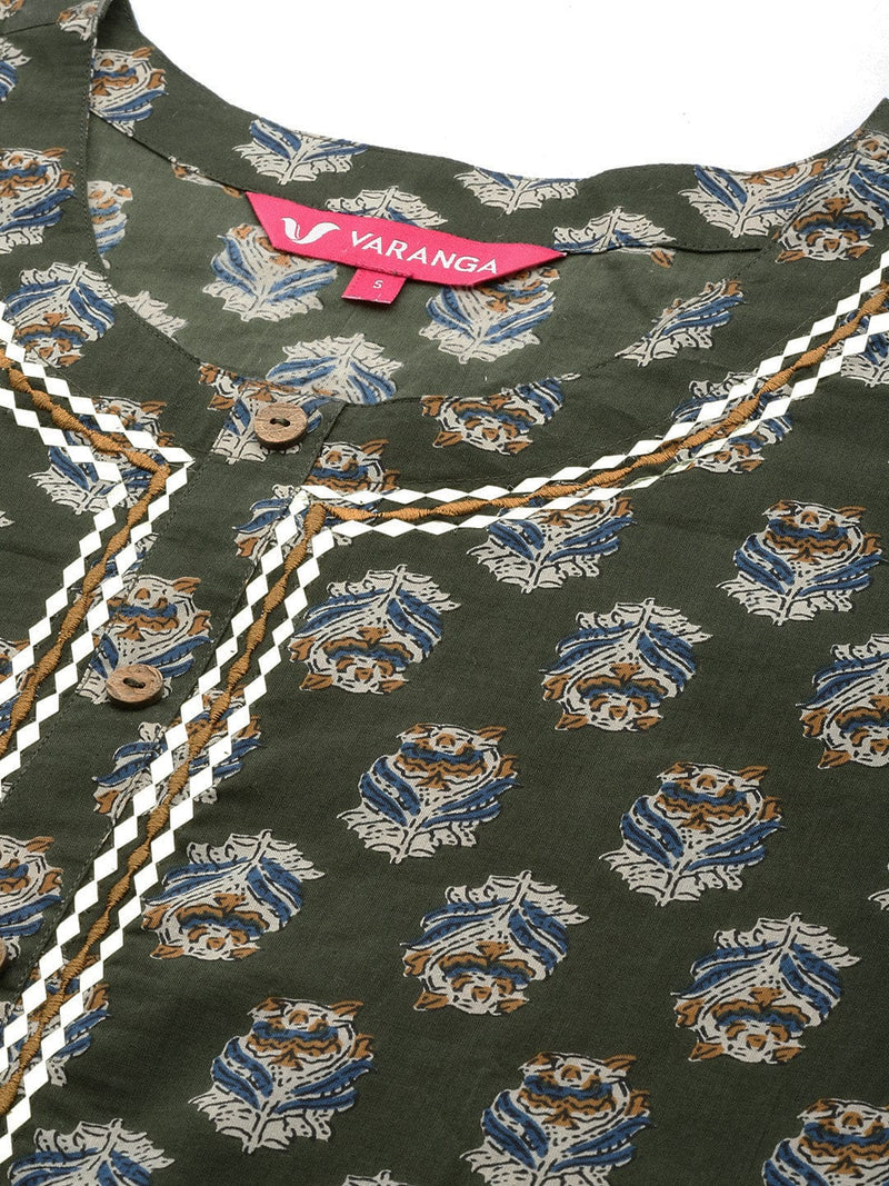 Varanga Olive Green Ethnic Motifs Printed Gotta Patti Straight Kurta with Button Detail