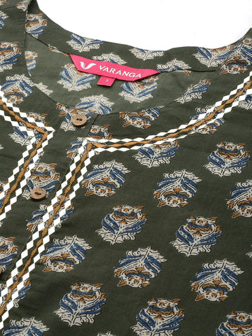 Varanga Olive Green Ethnic Motifs Printed Gotta Patti Straight Kurta with Button Detail