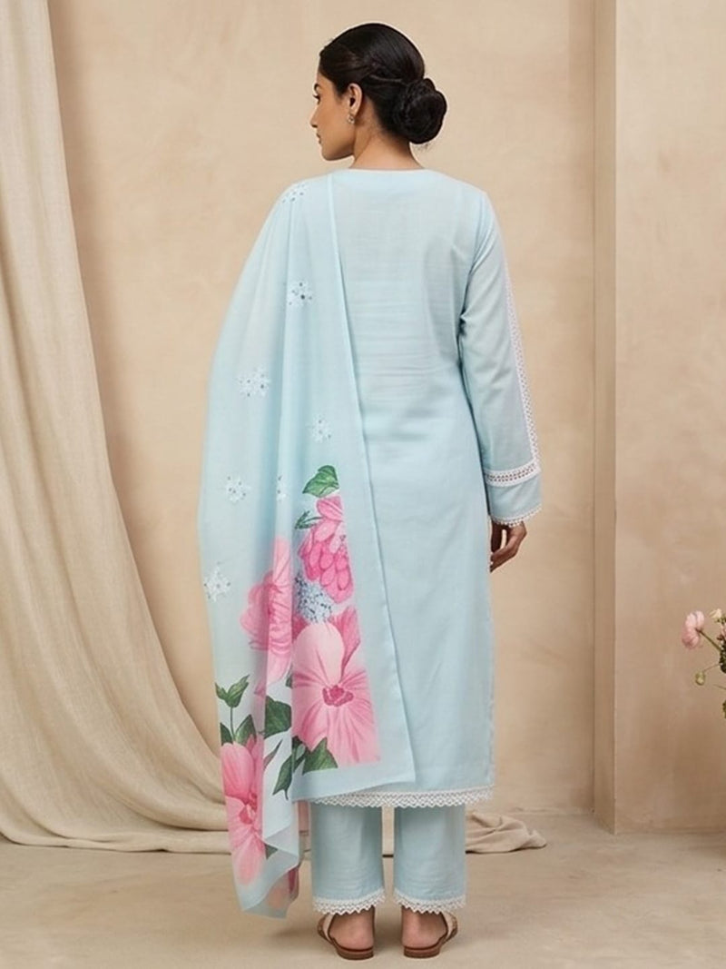 Varanga Women Sky Blue Straight-Fit Kurta With Printed Dupatta