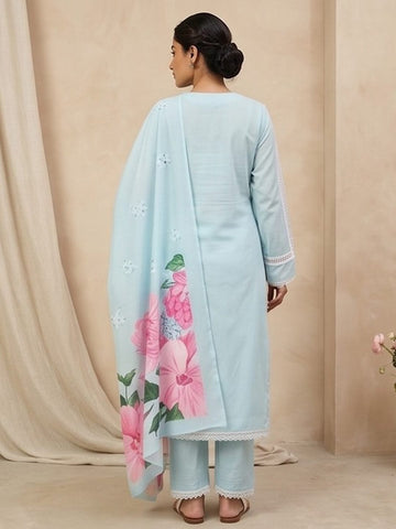 Varanga Women Sky Blue Straight-Fit Kurta With Printed Dupatta