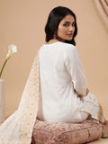 Varanga Women Elegant White 3-Piece Suit Set With Woven Kurta, Straight Pants, And A Rich Brocade Dupatta.