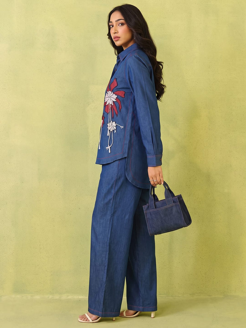 Soft Denim Co-Ord Set With Elegant Floral Embroidery