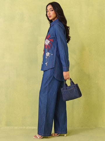 Soft Denim Co-Ord Set With Elegant Floral Embroidery