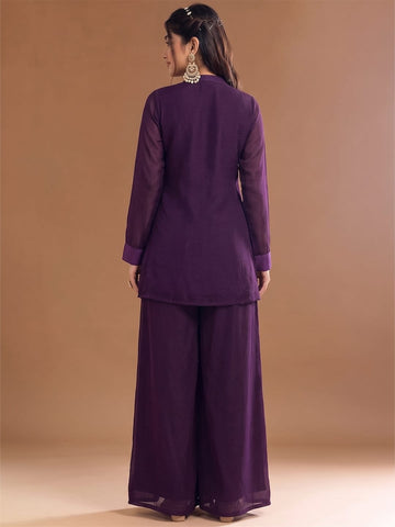 Varanga Purple Embroidered Palazzos With Dupatta | Poly Georgette | Festive