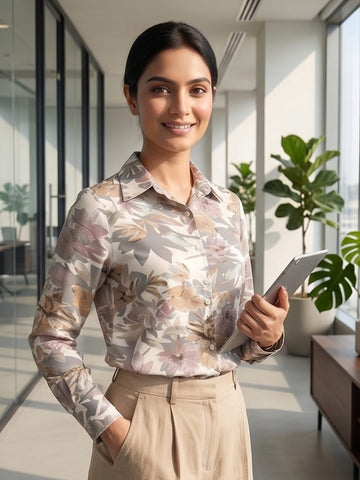 White Coloured Slim Collar Long Sleeves Floral Shirt