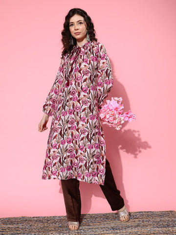 varanga women pink floral printed puff sleeves kurta