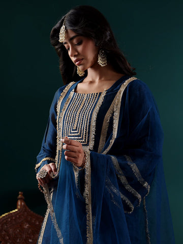 Varanga Women Blue Gota Embellished Lace Kurta With Bottom And Dupatta