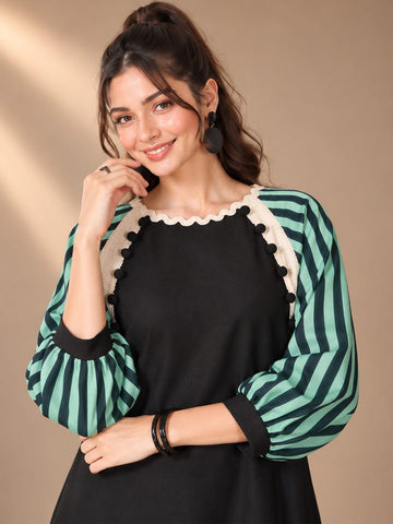 Varanga Colourblocked Puff Sleeve Ruffled A-Line Dress