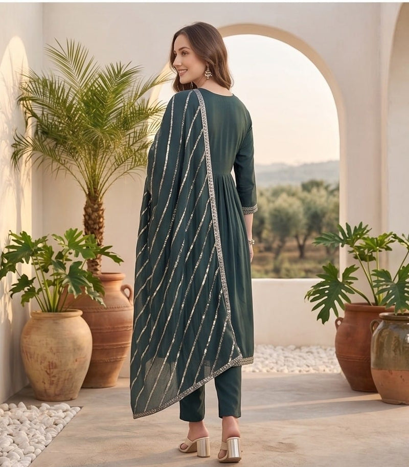 Varanga Women Grey Yoke Embroidered Straight Kurta Paired With Tonal Solid Bottom And Dupatta