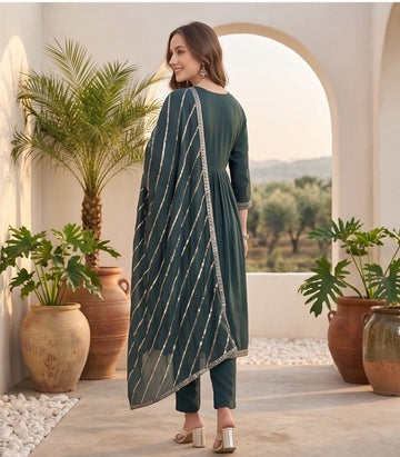 Varanga Women Grey Yoke Embroidered Straight Kurta Paired With Tonal Solid Bottom And Dupatta