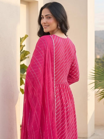 Bandhani-Printed Fuchsia Anarkali With Zari-Embroidered Yoke, Paired With Solid Trousers And Dupatta .