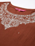 Varanga Women Rust Embroidered Straight Kurta With Bottom And Dupatta