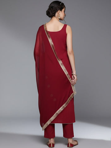 Varanga Women Maroon Round Neck, Spaghetti Strap Style Straight Kurta Paired With Tonal Bottom And Dupatta