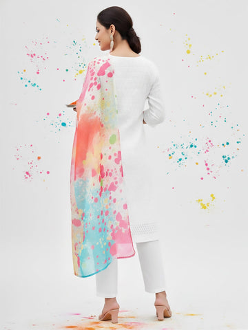 Varanga Women Self Embroidered Schiffli Bordered Kurta with Trouser & Multicolor Dupatta