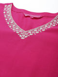 Varanga Women Pink Thread Embroidered V-Neck Straight Kurta With Bottom And Dupatta