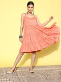 Varanga Peach Coloured Polka Dot Printed Crepe A-Line Dress