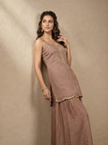 Womens Solid Metallic Kurta Set With Gold Embroidery