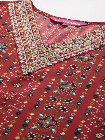 Varanga Women Red Printed V-Neck Embroidered Kurta With Bottom And Dupatta