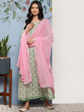 Varanga Pista Green Women Floral Printed Empire Gotta Patti Pure Cotton Kurta Set