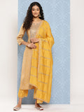 varanga women mustard yellow printed mirror work kurta with trousers dupatta