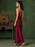 Women'S Wine-Red Jacquard Halter Neck Kurta And Palazzo Set For Festive Wear.