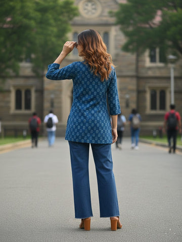 Varanga Womenâ€™s Blue Printed Tunic with 3/4 Sleeves