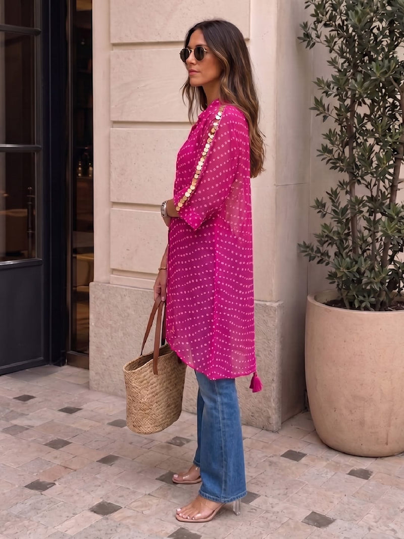 Varanga Women's Pink Bandhani Print Kaftan Shirt with Coin Detail & High-Low Hem