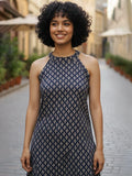 Varanga Navy Blue Stylish Open-Back  Short Kurti with Ajrakh Print