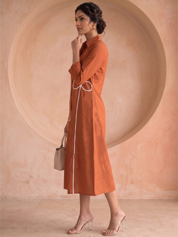 Casual Rust Shirt Dress With Thread Embroiderey Detailing