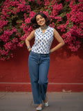 Indigo Block-Print Sleeveless Collared Crop Shirt