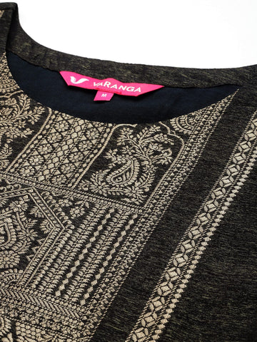 Varanga Women Black Jacquard Weave Kurta With Bottom And Dupatta