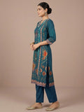 varanga Women A Vibrant 3-Piece Blue Ikat-Printed Kurta Set With Solid Trousers And A Lace-Trimmed Dupattaâ€”Perfect For Festive Occasions, Styled Best With Jhumkas, Juttis, And Soft Glam Makeup.
