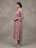 Varanga Women Pink Floral Printed V- Neckline Lace Detailed Stright Kurta