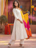 Women's Ivory A-Line Kurta with  Vertical Stripes