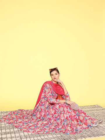 Varanga Women Pink Floral Printed Georgette Anarkali Kurta