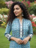 Varanga Blue Breeze Block-Print pure cotton Kurta