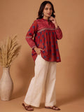 Women Rust Chevron & Lotus Flared Top Pure Cotton Regular Flared Crop A-Line Mandarin Collar