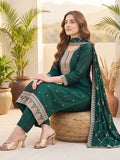 Vichitra Bead-Embellished Round Neck Kurta Solid Ankle-Length Trousers, And An Elegant Embroidered Dupatta
